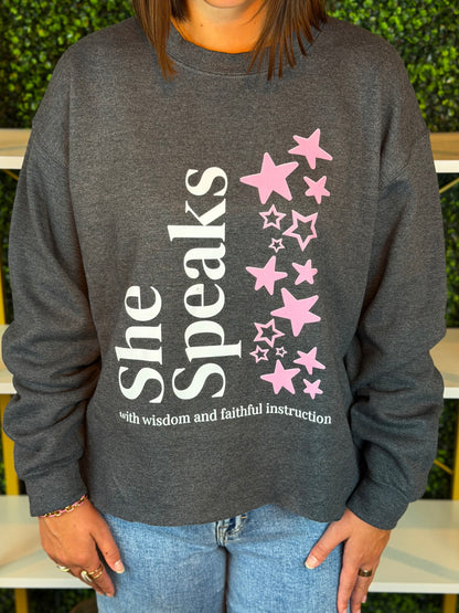 She Speaks Dark Grey Signature Crew